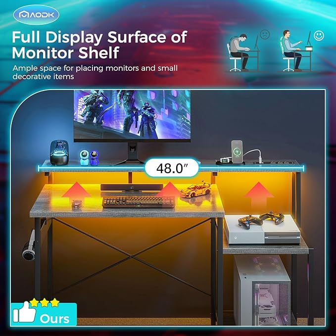 AODK Computer Desk, 48 Inch Gaming Desk with Led Lights & Power Outlet, Office Desk with Storage Shelves, Reversible Desk with Monitor Shelf & Headphone Hook, Grey Oak