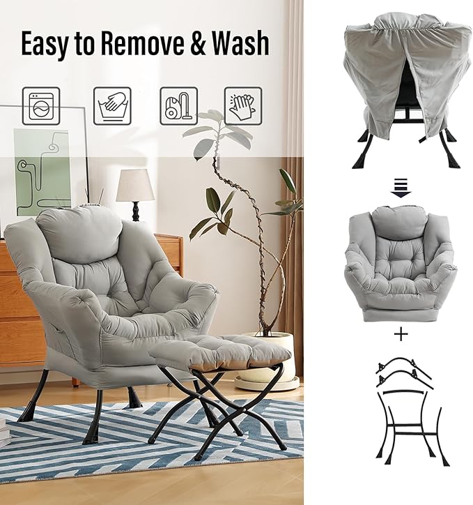 Lazy Chair with Ottoman, Modern Chair with Folding Footrest, Lounge Accent Chair, Comfortable Reading Chair (Light Grey)