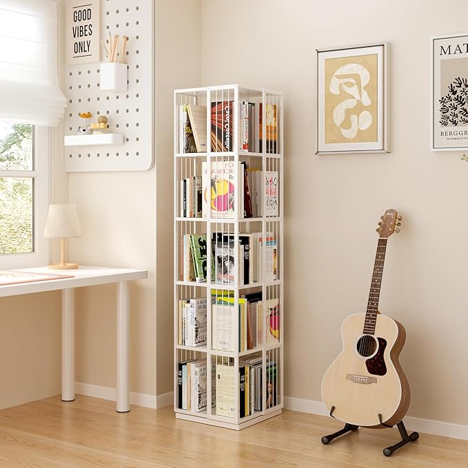 Square Rotating Bookshelf Tower - 360 Spinning Display Corner Bookcase for Narrow Space, Modern 5-Tier Revolving Storage Shelf, White