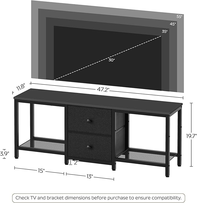 TV Stand for TVs up to 55", Entertainment Center with 2 Fabric Drawer, Media Console with Shelves, Television Stands for Living Room, Bedroom, Black DS02BB