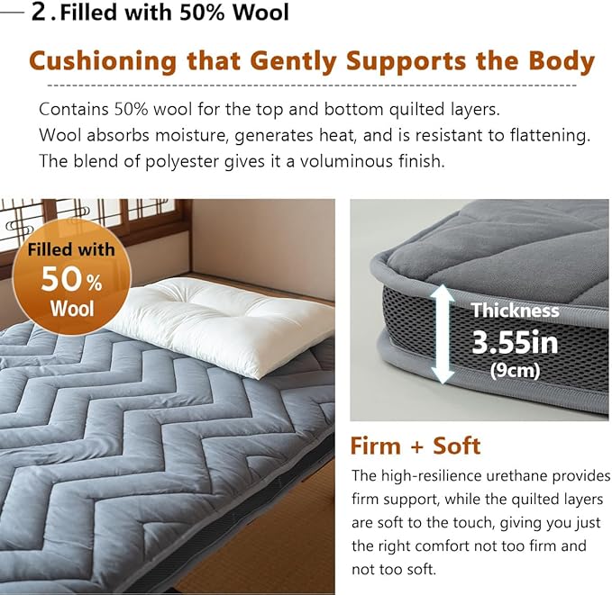 EMOOR Japanese Wool-Blend Padded Futon Mattress GOMA Full Dark Gray, Gusset Foldable Sotrable Elastic Bands Floor Sleeping Guest Bed Tatami Mat
