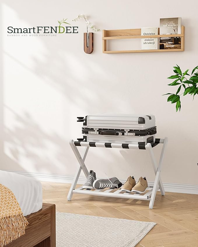 Fully Assembled White Bamboo Luggage Rack, 5 Straps Folding Suitcase Stand with Shoe Shelf, Heavy Duty Wood Large Luggage Holders for Guest Room, Bedroom, Hotel