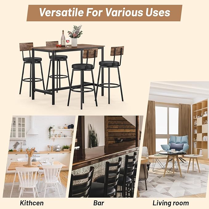 Dining Table Set for 4, 5-Piece Bar Table Set, Kitchen Table and Chairs, Counter Height High Top Table with 4 PU Upholstered Stools, Space-Saving Pub Table Sets for Small Space, Brown