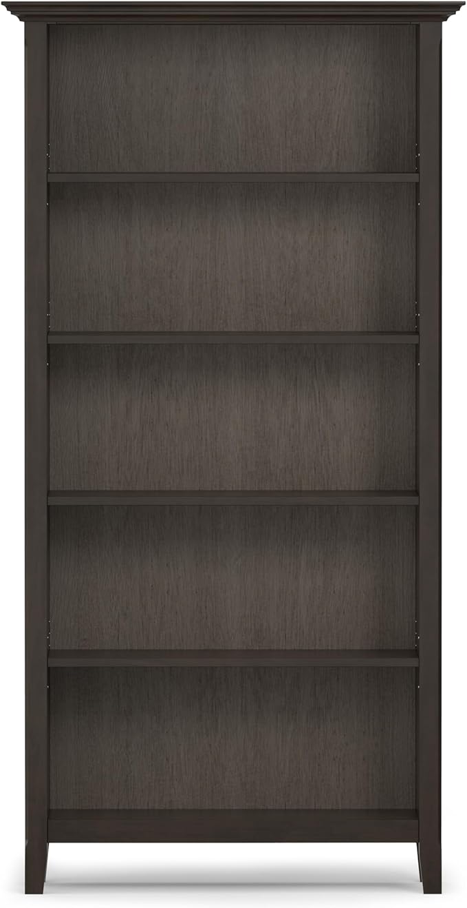 SIMPLIHOME Amherst Bookcase - 70 inch Tall 5-Shelf Solid Wood Bookshelf in Hickory Brown, Transitional Storage for Living Room, Study Room or Office with Adjustable Shelves and Tapered Legs