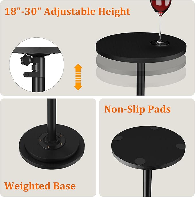 2Pack Drink Table, Small Round Side Table - 360° Swivel Height Adjustable for Small Spaces, Pedestal Martini for Sofa Couch, Living Room, Bedroom, Black