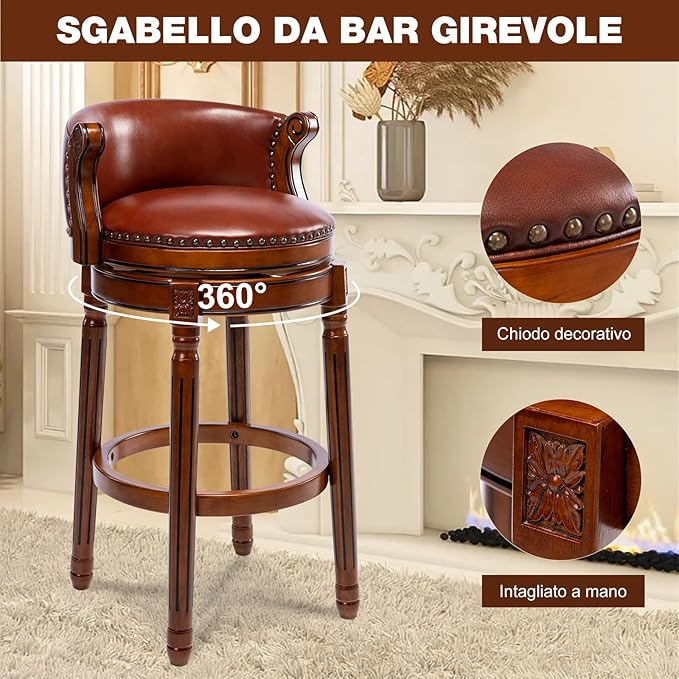 Cow top Leather Wooden Bar Stools, 29.5" Bar Height Bar Chair with Back, 180 Degrees Swivel Barstools Chair for Home Kitchen Counter,Dining Room, Restaurant,Study and Pub,1pc (Brown)
