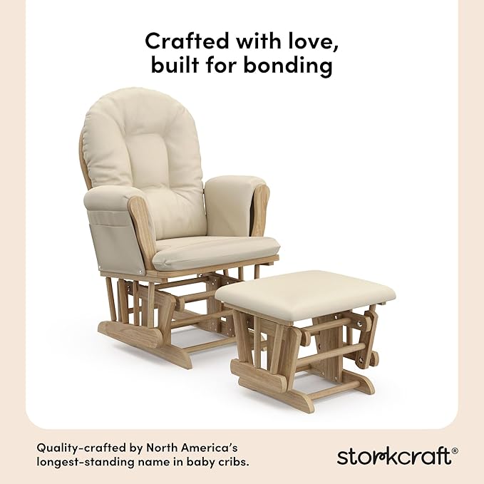Storkcraft Premium Hoop Glider & Ottoman (Natural/Beige) — GREENGUARD Gold Certified Nursery Glider, Solid Wood Craftsmanship, Smooth-Gliding Nursery Chair and Ottoman, Award-Winning