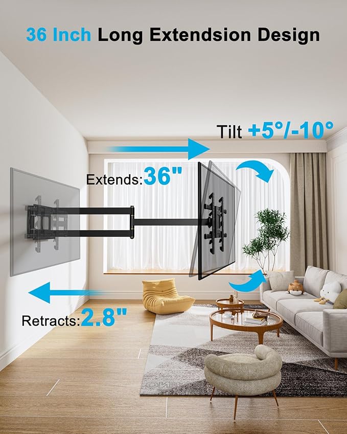 FORGING MOUNT Long Arm TV Wall Mount for 42-90 Inch TVs up to 150 lbs, 36 Inch Extension Full Motion Articulating Wall Mount with Height Setting, Swivel and Tilt, VESA 600x400mm, 8"/12"/16" Wood Studs