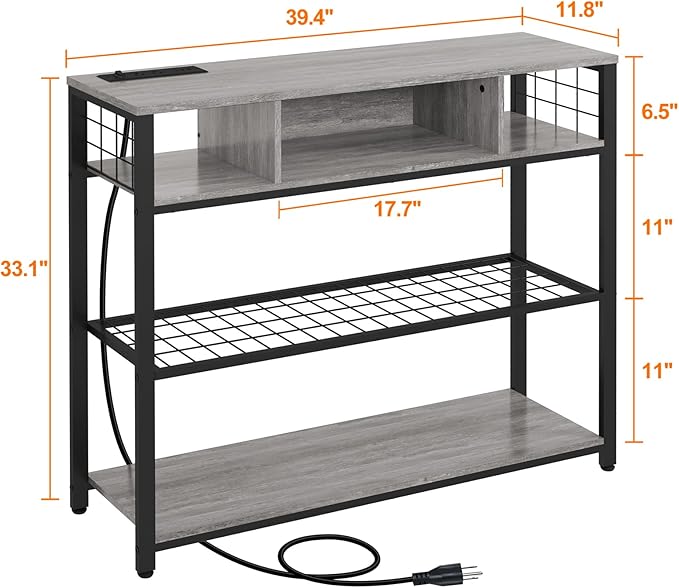 Narrow Entryway Console Table with Storage, Drawer and Charging Station - Behind Couch Table with Outlet and USB Ports for Living Room Foyer, Grey