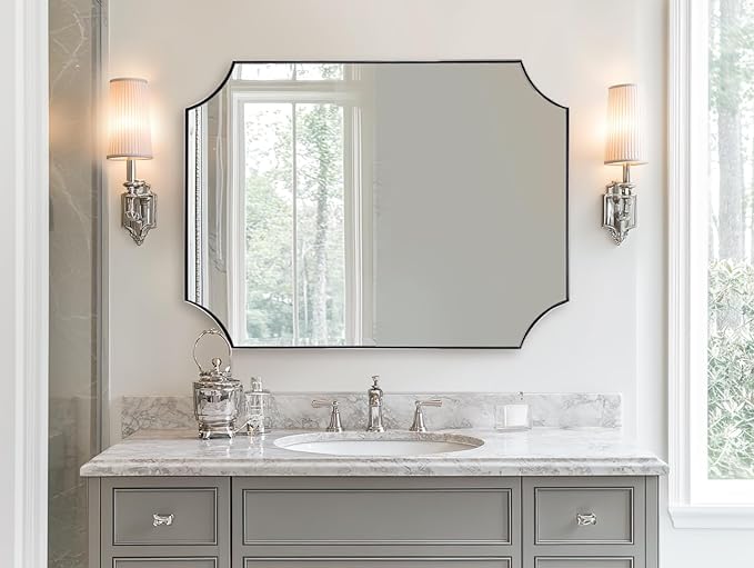 ANDY STAR 30x40 Inch Chrome Mirror, Scalloped Bathroom Mirror, Polished Chrome Framed Mirror in Anti-Rust Stainless Steel Metal Thin Frame Deep 1’’, Large Wall-Mounted Mirror (Horizontal/Vertical)