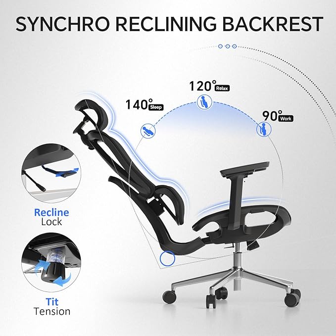 Ergonomic Office Chair with 3D Lumbar Support/Headrest/Armrest/, Mesh Executive Office Chair with Seat Depth & Height Adjustment, Big and Tall Desk Chair with 3-Gear Lock Recline for Long Hours