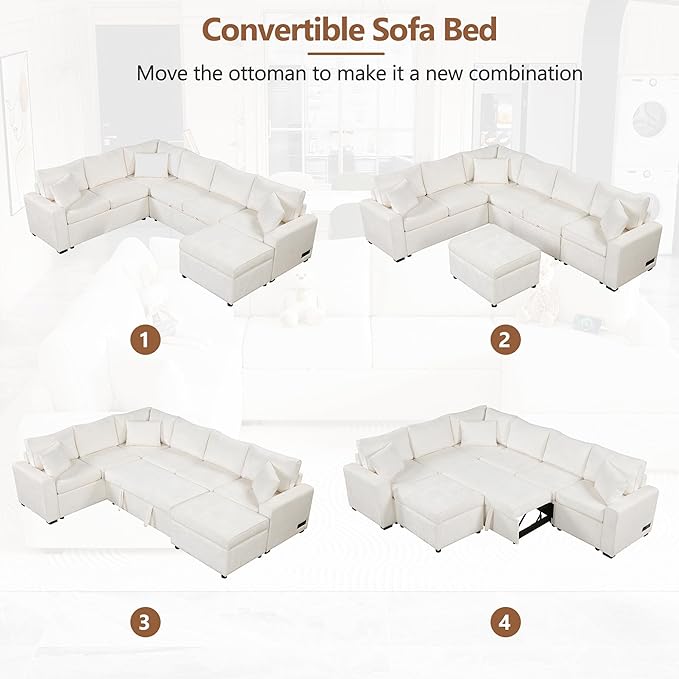 112" Luxurious Pull-out Sofa Bed Sleeper with Storage Ottoman,Sectional Sleeper Couch W/ 3 Pillows,2 USB ports & 2 Power Sockets,Corner Furniture Set for Living Room Large Space,Cream Chenille