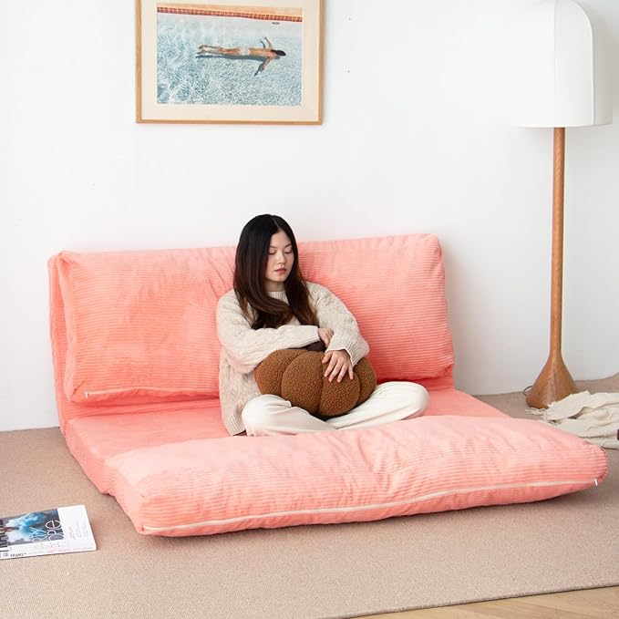 N&V L92×W58 Inch Large Folding Matress Sofa Bean Bag, Foam Filling Folding Matress Sofa, Includes Removable and Machine Washable Cover, Patent No.: US D1,018,079 S (Salmon Pink, Large Corduoy), 94024
