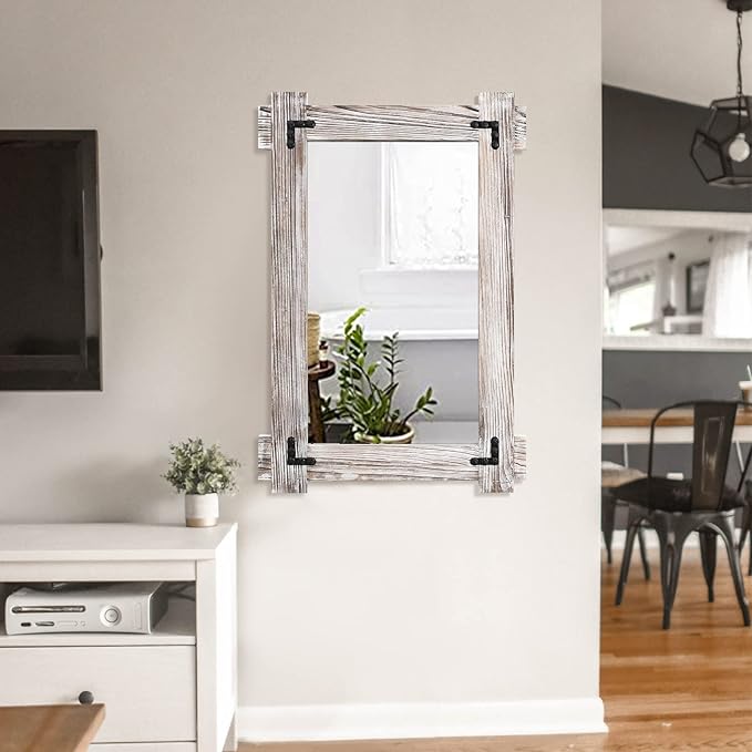 MeMoreCool Farmhouse Rustic Wood Framed Bathroom Mirror, Decorative Wall Mounted Rectangular Mirror for Bedroom, Living Room, or Bathroom, 40x28 Inch, White