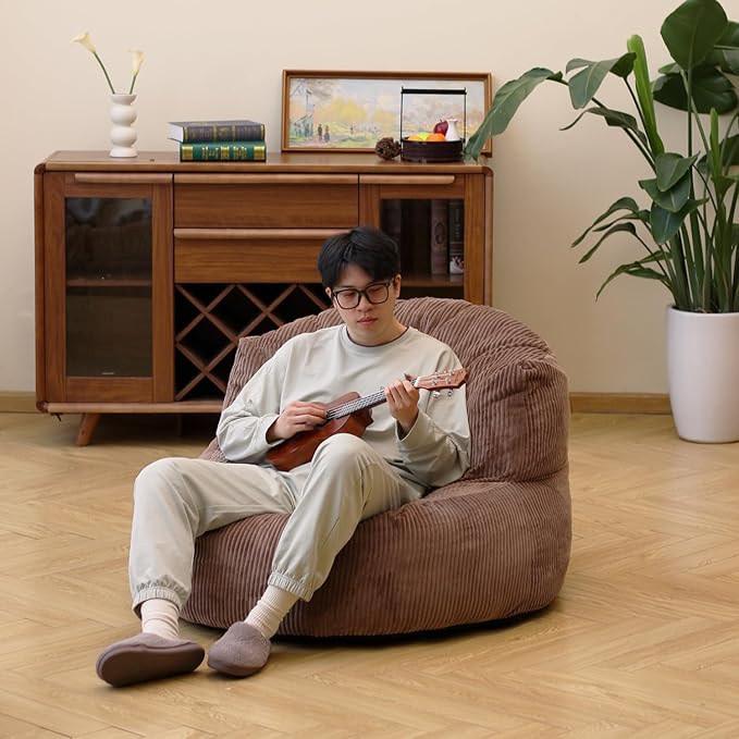 N&V Large Crescent Bean Bag Chair, Adult Size Bean Bag Sack, Foam Filling, Soft Premium Corduroy Bean Bag for Living Room Bedroom Dorm and Office (Brown Sugar)