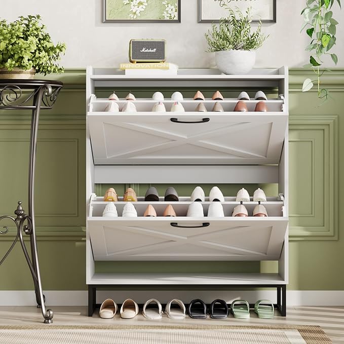 Maupvit Shoe Cabinet with 2 Flip Drawers, Freestanding Shoe Cabinet Organizer with Metal Legs, Shoes Storage Cabinet for Entryway, Narrow Shoe Rack Cabinet, White