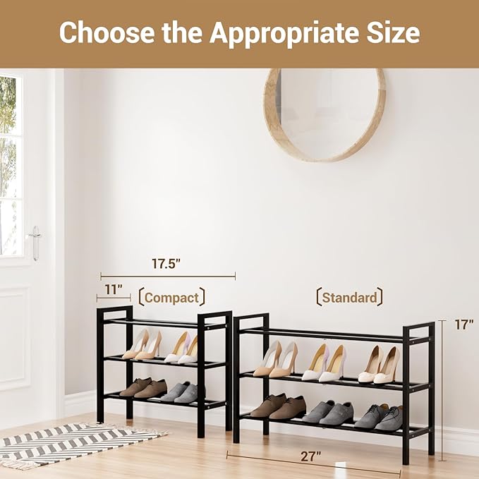 Haddockway Bamboo Shoe Rack for Closet, Free Standing Shoe Organizer with Smooth Round Rods & Convenient Handles, Stackable Shoe Storage Shelf for Entryway, Hallway(Black, 3-Tier(Small))