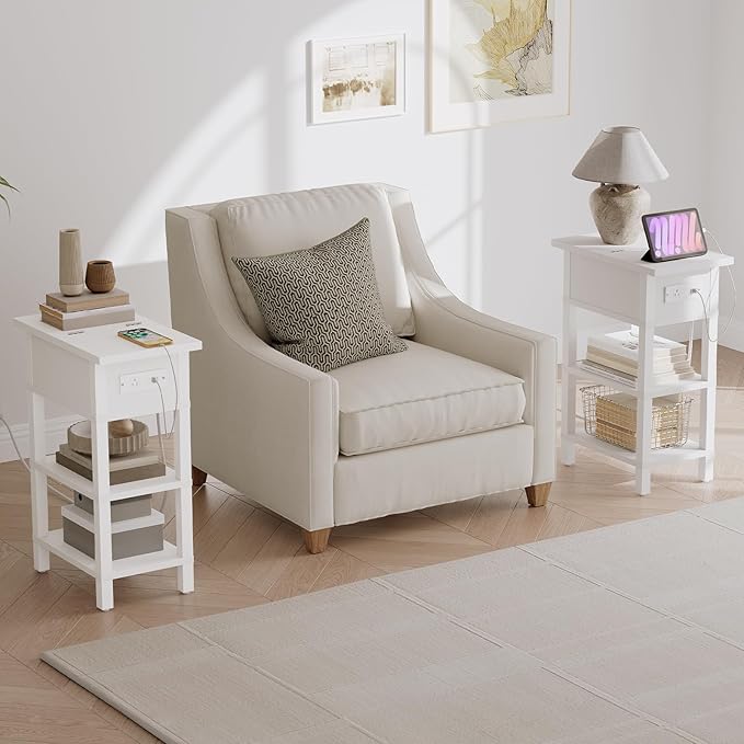 HOOBRO End Table with Charging Station, Flip Top Side Table with USB Ports, Narrow Nightstand Bedside Tables with Storage Shelves, for Small Space, Living Room, White WT141UBZ01