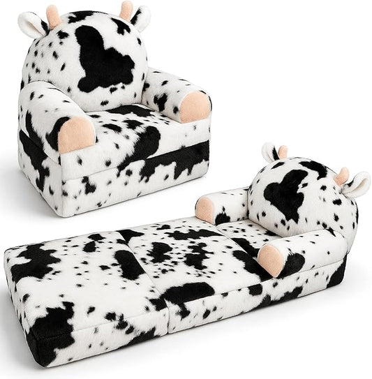 Toddler Chair with Faux Rabbit Fur – 2-in-1 Foldable Kids Couch, Soft Sofa for Reading, Napping, Bedroom or Playroom Use, 18 Months+ （Cow）