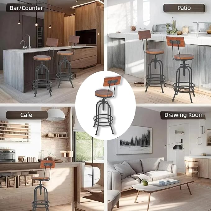 Set of 2-Industrial Bar Stools with Backrest-Swivel Wood Seat-Bar Counter Height Adjustable 26-32.2inch-Kitchen Island Dining Chair