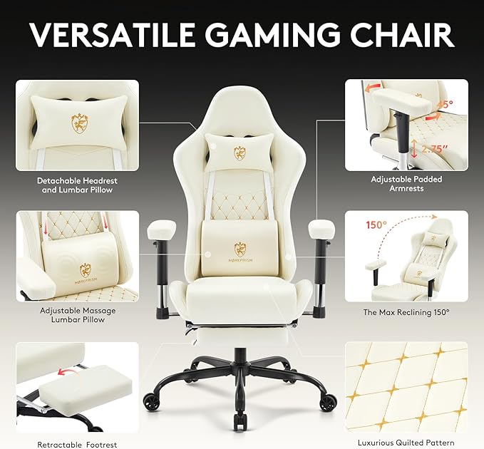 Gaming Chair,Computer Office Chair with Footrest,Massage Lumbar Support and Gel Pad,Ergonomic Reclining Leather Gamer Chair with Headrest,Adjustable Armrests and Spring Cushion Ivory