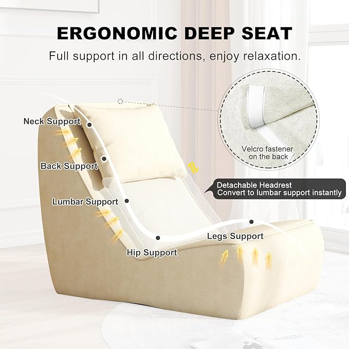 Giant Bean Bag Chair for Adults - Indoor Chaise Lounge with Neck Pillow & Ottoman, All-in-One Sponge Design, Comfy Floor Chair for Reading, Gaming, Napping, and Movies (Khaki)