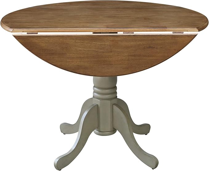 IC International Concepts, 42" Round Dual Drop Leaf Pedestal Dining Table, Solid Real Wood, Sturdy Parawood, Distressed Hickory/Stone