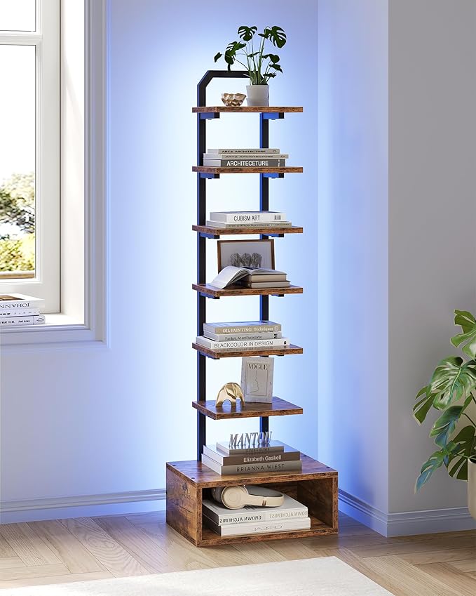 8-Tier Bookshelf, LED Bookcase with Semi-Open Bottom, Small Space Standing Shelf with Lights, Corner Storage Stand, for Living Room, Home Office, Bedroom, Rustic Brown TSJ08DBF