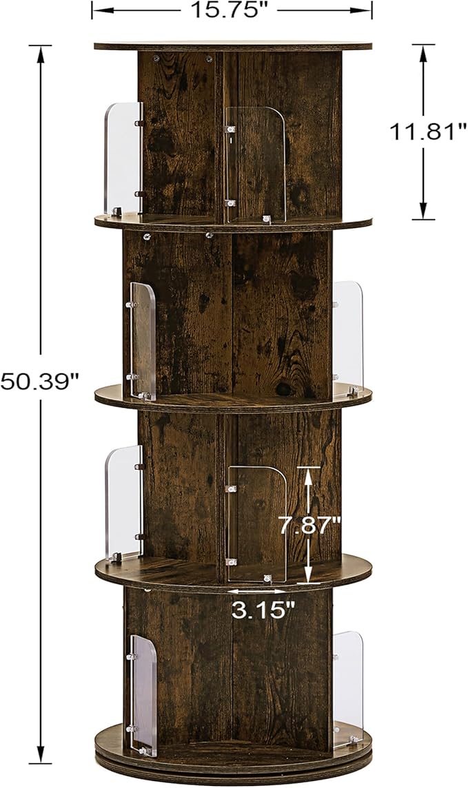 VECELO 4 Tier Revolving Bookshelf Tower, 360° Display Floor Standing Storage Rack with Acrylic Visible Window Partition for Bedroom, Living Room Home and Office, Brown