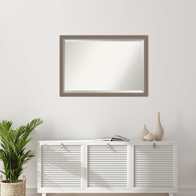 Amanti Art Brown Wall Mirror 27x39 Eva Brown Narrow Rectangle Bathroom Mirror for Wall Decor Living Room, Large Country Rustic Frame, Hangs Horizonally and Vertically, Bathroom Decor, Beveled Edge