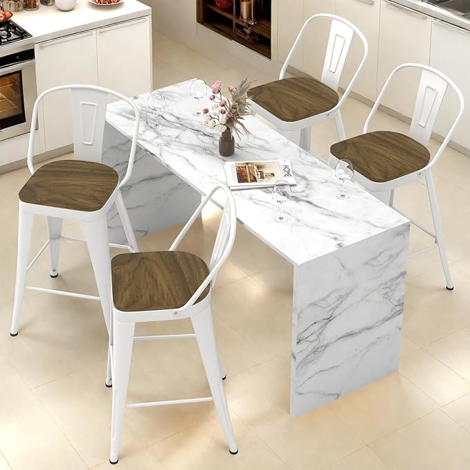 Metal Bar Stools Set of 4, High Back Bar Stools with Wooden Seat, 30 inch White Barstools for Kitchen Island