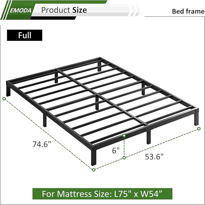 EMODA 6 Inch Full Size Bed Frame Heavy Duty Metal Platform No Box Spring Needed, Easy Assembly Noise Free, Black