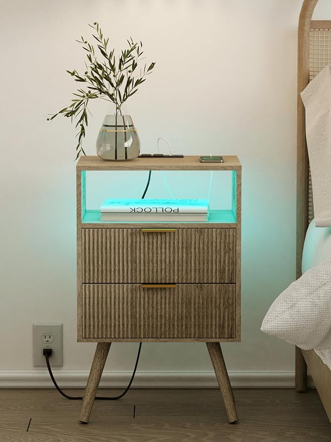 Nightstand, Modern Bedside Table with 2 Storage Drawer and Open Wood Shelf for Bedroom and Small Spaces, Night Stand with Solid Wood Legs (Grey Oak-Outlet)