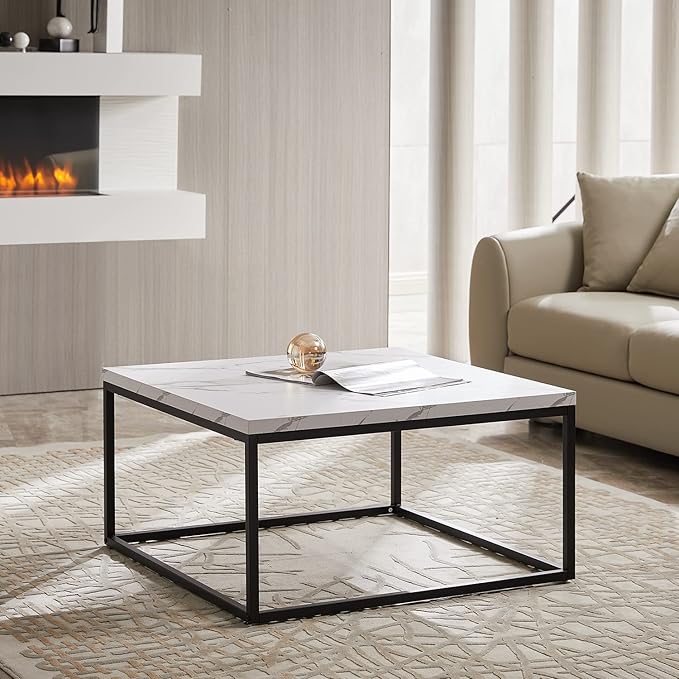 CENSI 30"x30" Marble Accent Coffee Table Ottoman for Living Room, Modern Industrial Style, 1.2" Extra Thick Tabletop (White Marble)