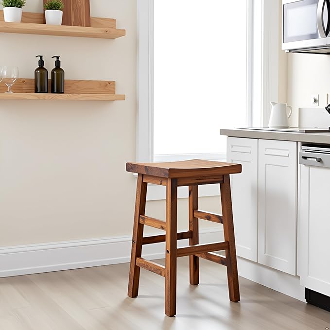 Alaterre Furniture Durango 26-Inch Tall Industrial Wood Counter-Height Stool Bar Stool, Kitchen, Seating, Vintage-Style Saddle Seat, Comfort, Rustic Industrial, Light or Dark Tone Lacquer Finish