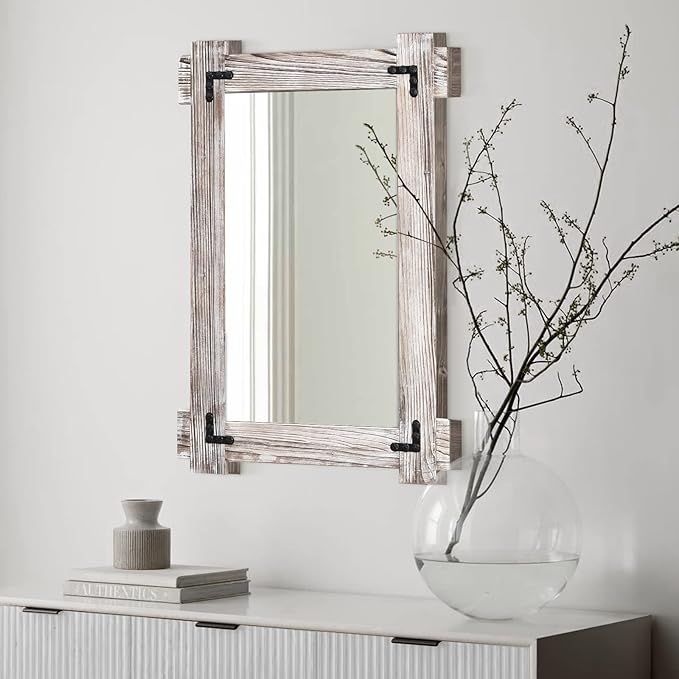 MeMoreCool Farmhouse Rustic Wood Framed Bathroom Mirror, Decorative Wall Mounted Rectangular Mirror for Bedroom, Living Room, or Bathroom, 24x36 Inch, White