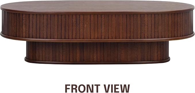 NTC Stream DOU Coffee Table, Modern Double-Layer Oval Wooden Center Table with Vertical Groove Design, Stylish Living Room Decor, Contemporary Minimalist Style, Easy Assembly - Dark Walnut