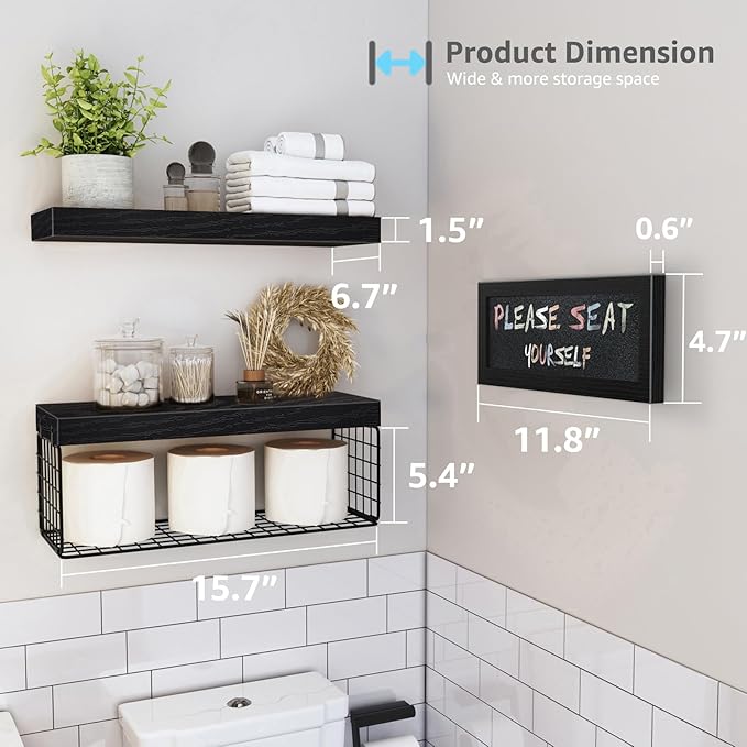 QEEIG Bathroom Shelves Over Toilet - Paper Storage Wall Mounted Farmhouse Decor Decorations Chalkboard Small Floating Shelf 2+1 Set 16 inch, Black (021B)