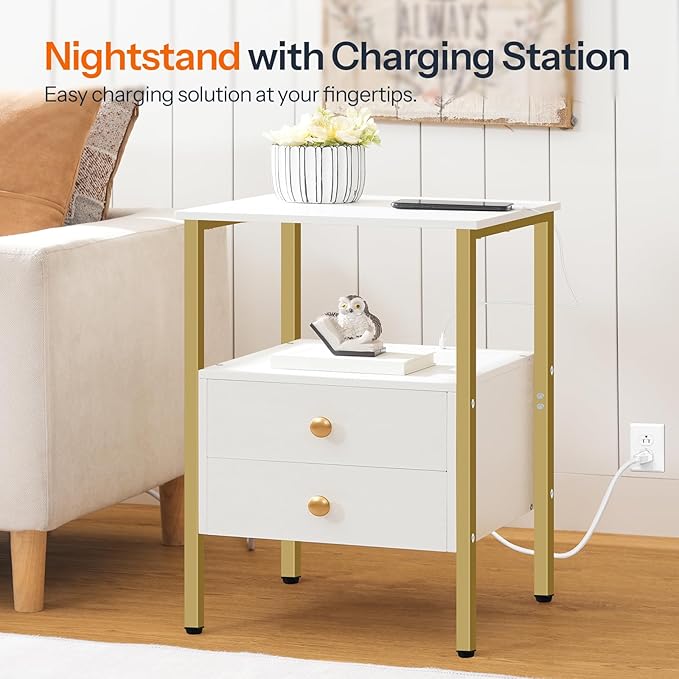 HOOBRO End Table with Charging Station, Bedside Table with 2 Drawer & USB Port & Type-C Port, Nightstand for Small Spaces, Stable and Sturdy, for Living Room, White and Gold DW43UBZ01