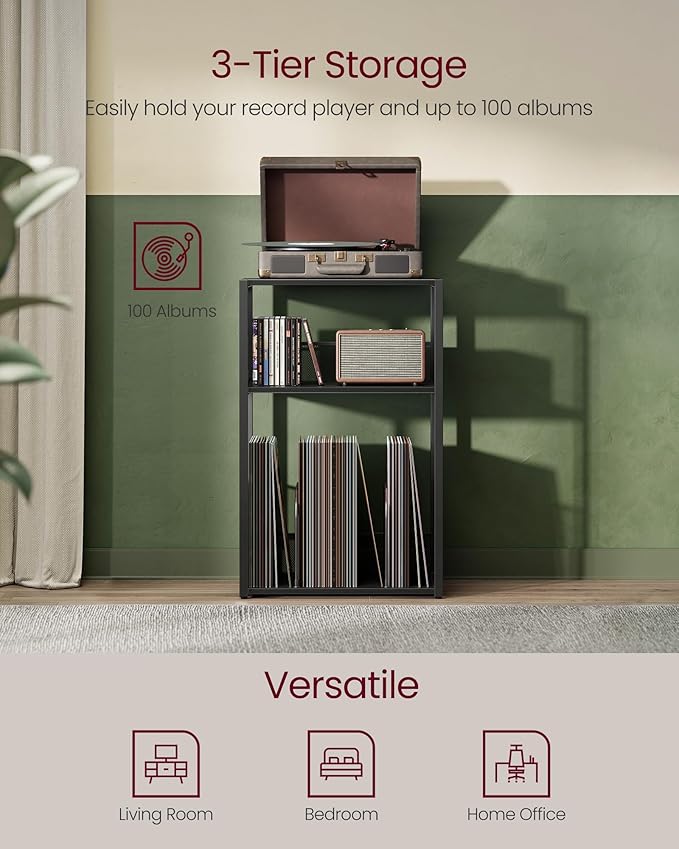 VASAGLE Record Player Stand, 3-Tier Side Table, Vinyl Record Storage up to 100 Albums, End Table for Living Room, Bedroom, Ebony Black ULET275B01