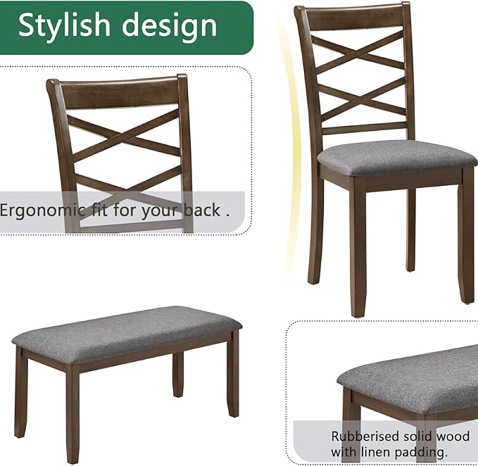 Dining Table Set, Wooden Kitchen Table Set with Rectangular Table, 4 Flat X Backrest Upholstered Chairs & a Bench, Table and Chairs with Non-Slip Feetmats for 6 People, Living Room, Walnut