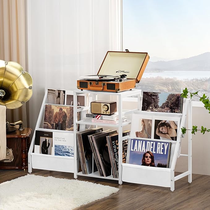 LELELINKY Record Player Table,Turntable Shelf with Vinyl Storage Up to 180 Albums,White Side Table with 3 Tier Magazine Periodical Book Rack,Wide Metal Record Holder Cabinet for Office, Music Room