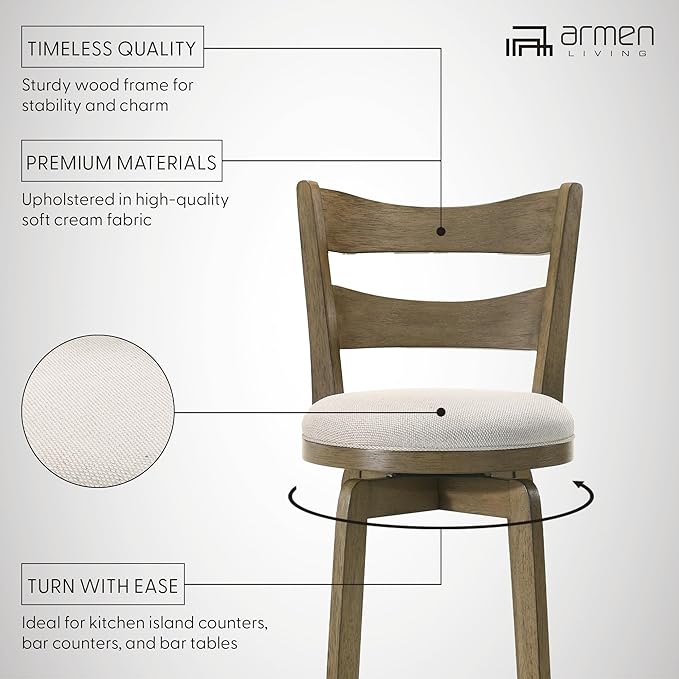 Armen Living Blair 30 in. Putty Brown Bar Height Rubberwood Swivel Barstool with Cream Fabric Seat - Set of 4