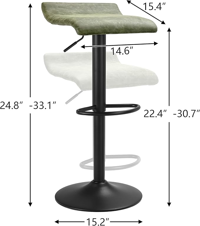Finnhomy Bar Stools Set of 2 Counter Height, Swivel Barstools with Footrest and Backless, Height Adjustable Modern Bar stools for Kitchen, Vintage Leather, Retro Green