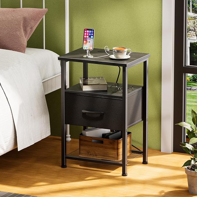 Nightstands Set of 2 with Charging Station and Drawer, End Table Bedside Table with 20 Colors LED Light Strip and 2 Layers Shelf for Bedroom Living Room Sofa Couch (Black)