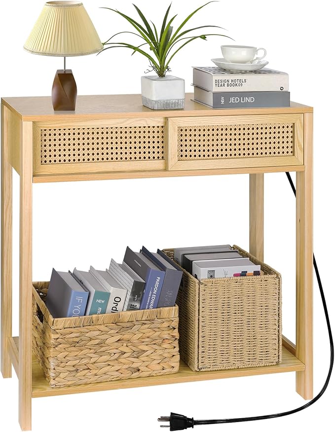 Console Table with Charging Station, Small Vanity Desk, 32" Console Tables for Entryway Table Rattan Dresser Entry Table Narrow Console Table Modern Hallway Table Boho Sofa Table for Living Room
