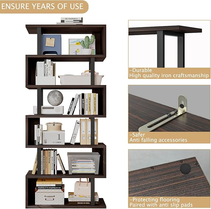 SORCEDAS Bookshelf Geometric Bookcase S Shaped Industrial Bookshelf Storage Display Stand Shelf for Living Room Bedroom and Office Room (Black, 6 Tier)