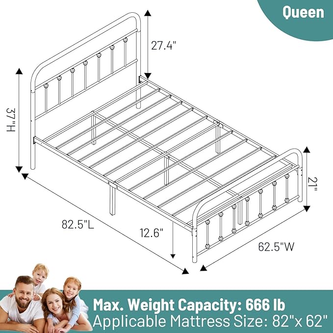 Queen Bed Frame-Classic Metal Platform Bed Frame Mattress Foundation with Victorian Style Iron-Art Headboard/Footboard/Under Bed Storage/No Box Spring Needed/Black
