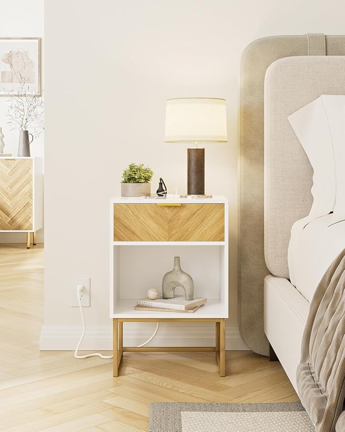 Nightstand with Charging Station, Boho Night Stand Wood Farmhouse Bedside Table with Storage, End Side Accent Table for Bedroom,Living Room,White