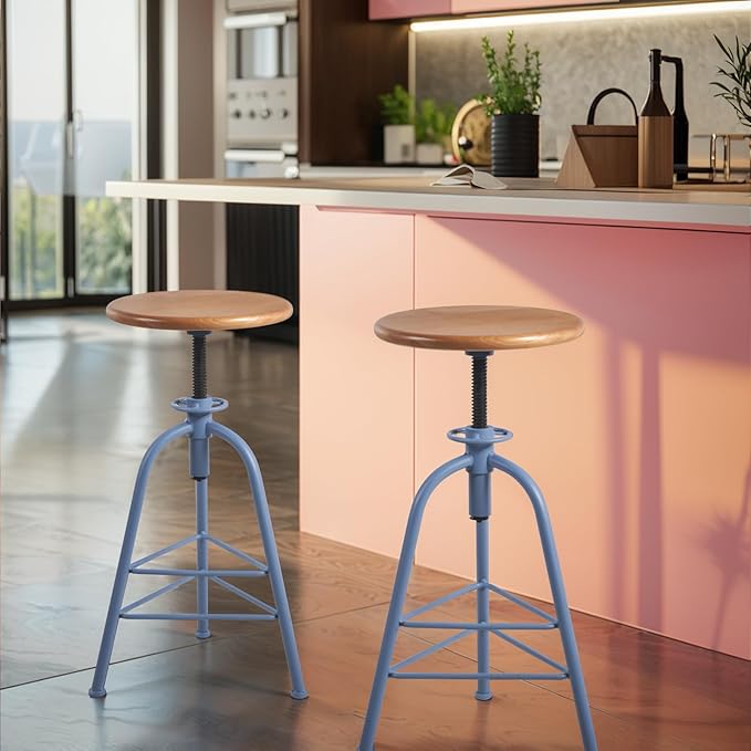 Industrial Bar Stools-Set of 2 24.4-28.3inch Counter Height Kitchen Stool-Modern Dinner Breakfast Chairs-Swivel Round Wooden Seat